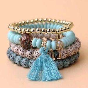 NEW Beaded 4 piece Bracelet Set Aqua Blue Tassel Boho Charm Stack Layered‎ Bead